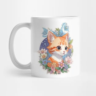 A Print Of Vivid Cute Kitten Cat Head With Fantasy Flowers Mug